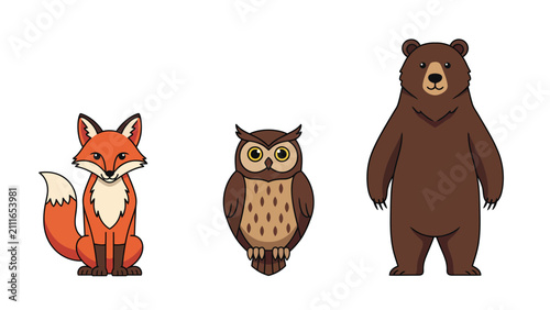 Three cartoon forest animals: a fox, an owl, and a bear, isolated on a white background.