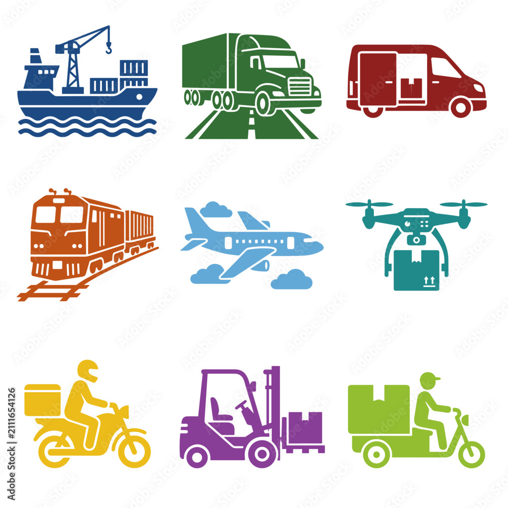 Fototapeta premium Logistic and Transportation Icons Set Showing Global Freight Delivery Methods by Sea Land and Air