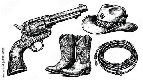 Cowboy gear consisting of a vintage revolver, a leather hat, ornate boots, and a coiled lasso sits as a thematic collection representing the historical heritage of the American Old West.