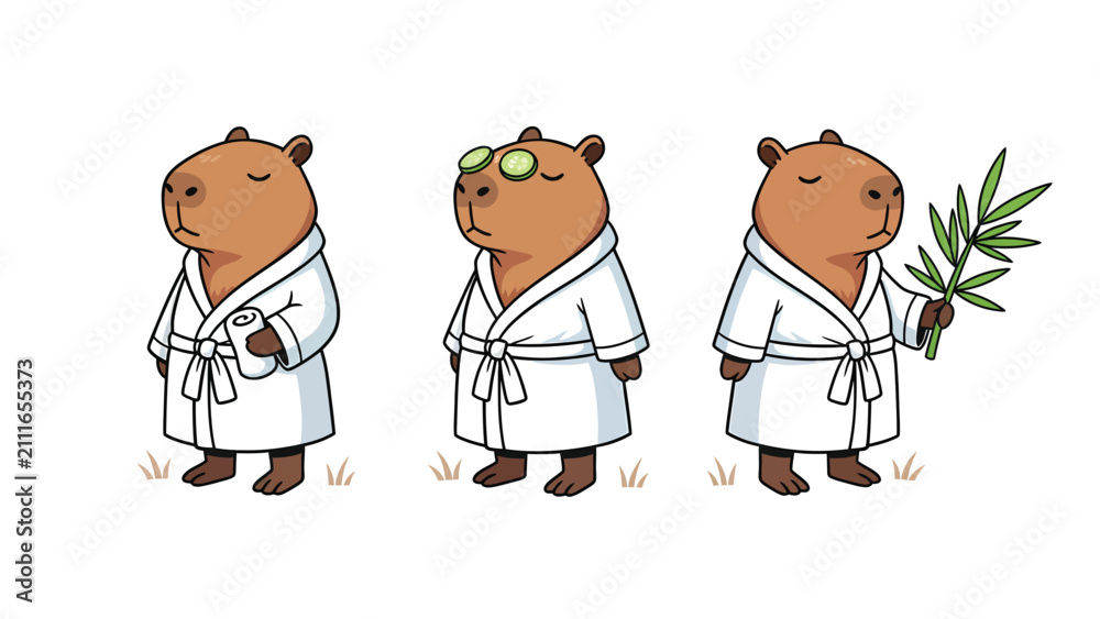 Fototapeta premium Three cute capybaras in white bathrobes enjoying a spa day with cucumber slices and a plant.