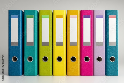 Colorful binder folders in blue green yellow pink purple standing in row for office document organization and archive storage.