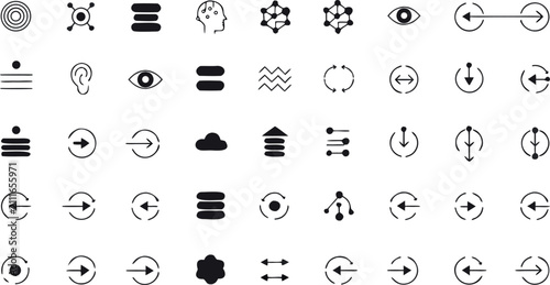 Modern black solid technology icons for machine learning data tracking vision eye scanner and directional controls