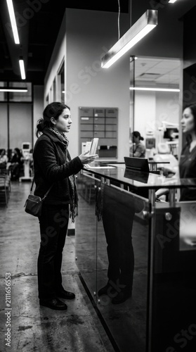 Woman Interacting With Reception Desk Technology In Modern Office