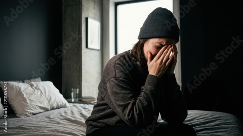 Young Person In Distress Sitting On A Bed Indoors Showing Sadness Empathy Mental Health