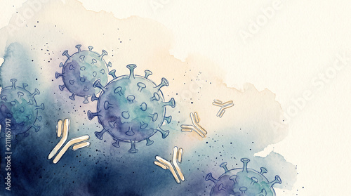 Painted watercolor concept of viral pathogens and antibodies with extensive copy space for healthcare editorial and medical publishing