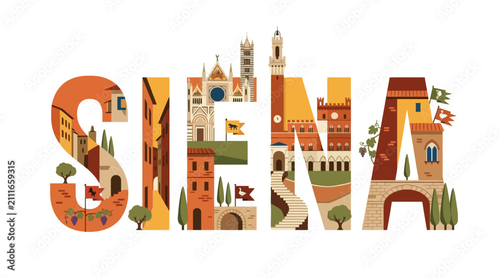 Fototapeta premium Siena Italy typography illustration with famous landmarks and architectural elements. EPS Editable. Vector Illustrations.