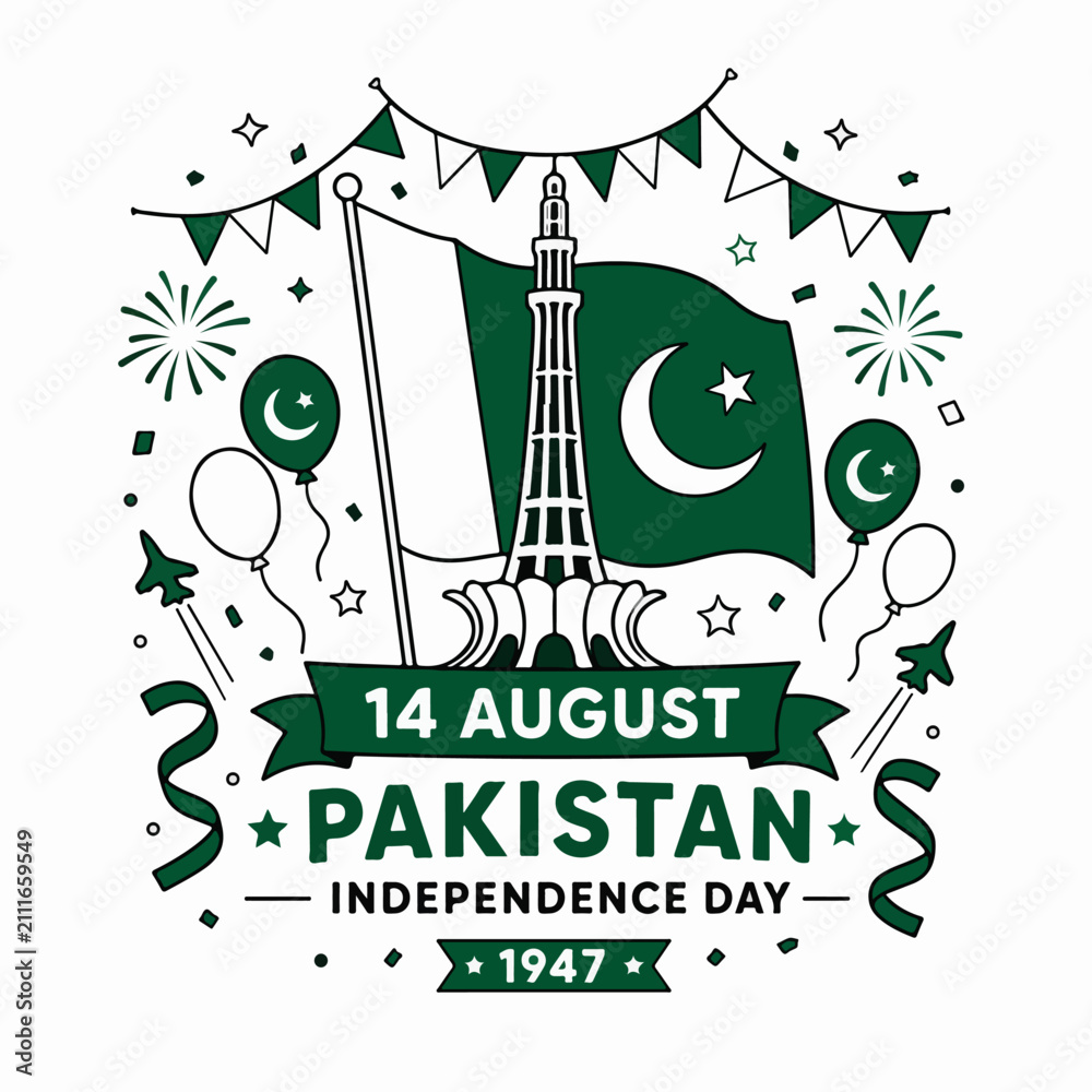 Naklejka premium Happy Pakistan Independence Day 14 August typography badge with Minar e Pakistan tower, waving green national flag, jet fighters, balloons, and fireworks, flat outline vector illustration09
