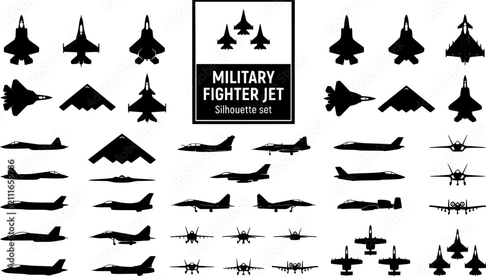 Fototapeta premium Military Fighter Jet Aircraft Silhouette Set Black White Aviation Bundle Vector Illustration Isolated White Background