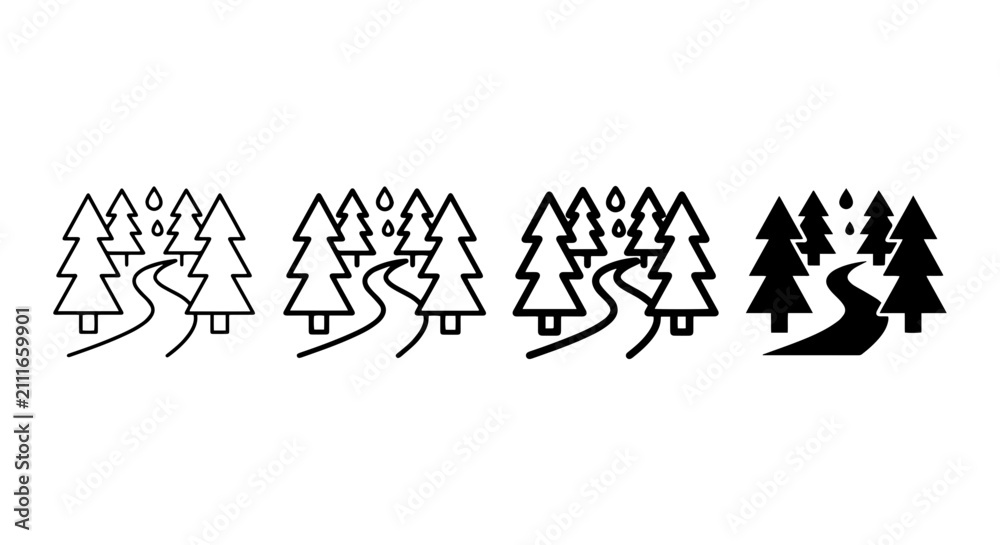Fototapeta premium Winter Forest Path Icons, Snowy Trees, Nature Landscape, Outdoor Adventure, Vector Set
