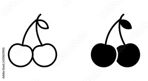 Simple Cherry Icons, Outline and Solid Fill Vector Graphics, Sweet Fruit Symbols