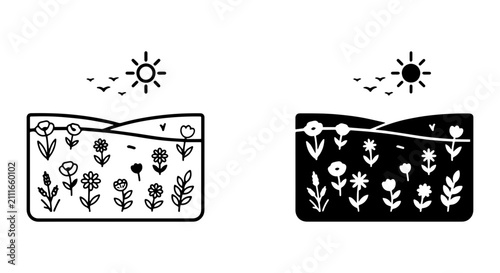Minimalist Floral Landscape Icons, Sunny Meadow Vector Art, Nature Scene Graphics, Two Color Variations
