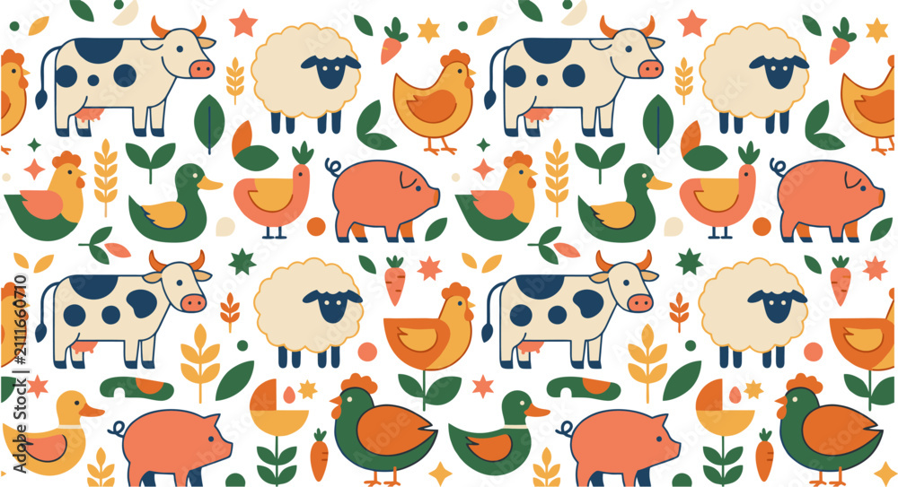 Fototapeta premium World Farm Animals Day Seamless Pattern with Cow Sheep Pig and Poultry Background