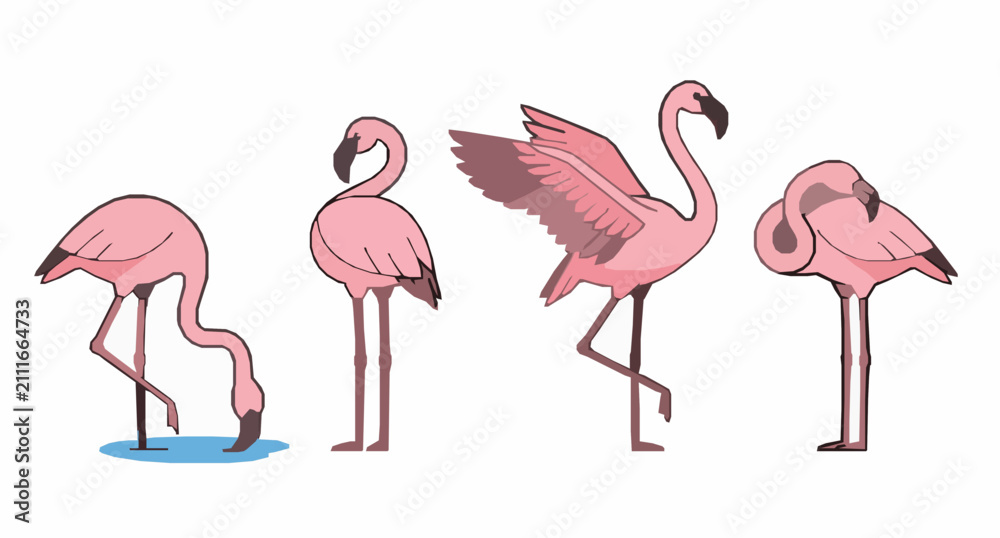 Obraz premium Minimal Pink Flamingo Bird Collection with Four Unique Tropical Wildlife Poses Vector