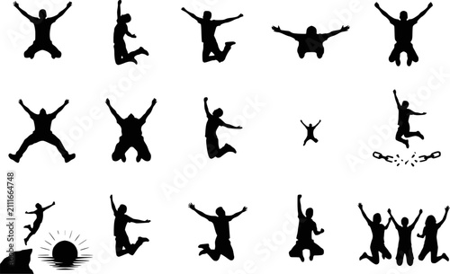 Bild auf Leinwand Jumping for joy silhouette icon set with celebration and group poses