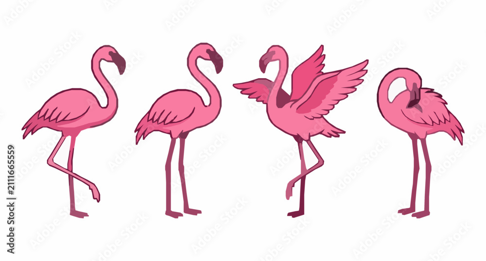 Obraz premium Stylized Pink Flamingo Vector Set with Four Tropical Birds in Elegant Action Poses