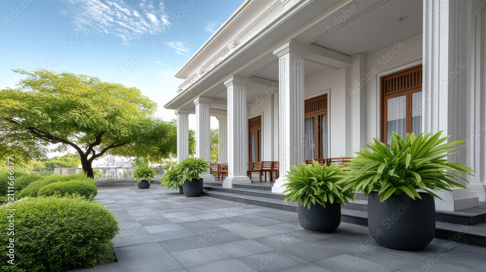 Obraz premium Elegant mansion exterior with white columns, large windows, green plants, spacious patio, and blue sky, creating luxurious and peaceful atmosphere