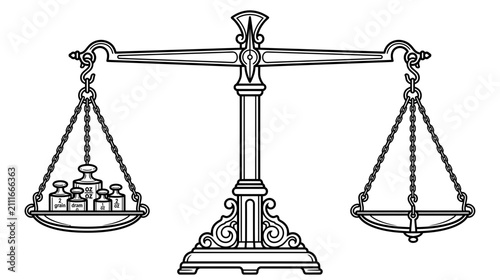 Fotografie Vintage Balance Scale with Weights, Line Art Illustration