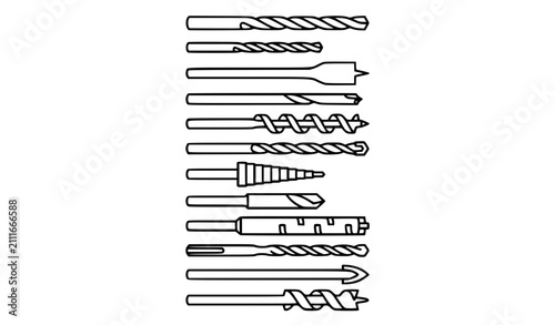 Various drill bits outline icon set for industrial construction tools and DIY drilling equipment vector