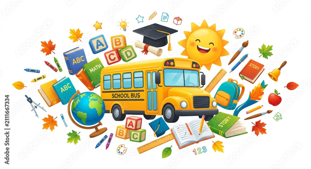 Fototapeta premium Back to school vector illustration with yellow school bus, colorful educational supplies, books and stationery icons on white background