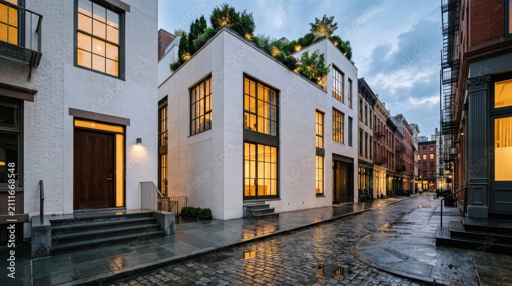 Fototapeta premium Modern white townhouse on wet cobblestone city alley with rooftop garden