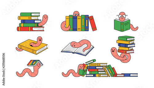 Fotografía Cute cartoon bookworm character set with funny pink worms reading sleeping and c