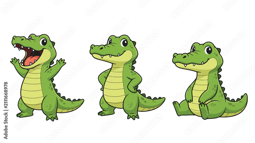 Fototapeta premium Three cartoon alligators in different poses, isolated on a white background.