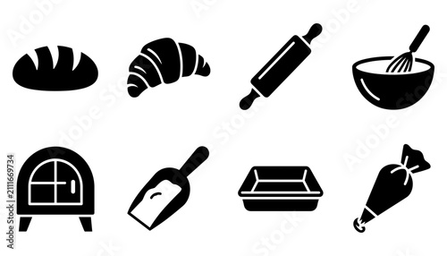 Bild auf Leinwand Baking Icons Including Bread, Croissant, Rolling Pin, Whisk, Oven, Flour Sifter,