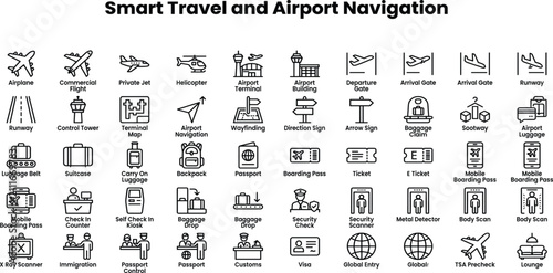 Smart travel and airport navigation icon set featuring flight tracking, boarding pass, passport control, baggage claim, ticket booking, and tourism app interface symbols.