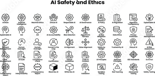 Принти на полотні AI safety and ethics icon set featuring responsible AI, algorithmic bias, fairness, transparency, data privacy, AI governance, compliance, human rights, and justice symbols