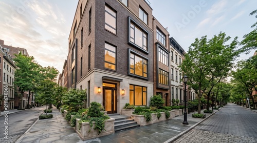 Modern corner townhouse with glass windows and landscaped entry