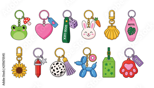 Quadro su tela Cute cartoon keychain collection with colorful keyrings showing frog heart rabbi