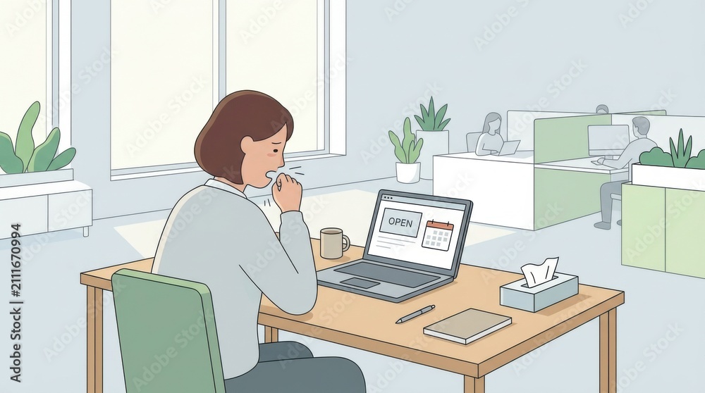Fototapeta premium Woman Coughing At Desk In Office With Open Sign On Laptop