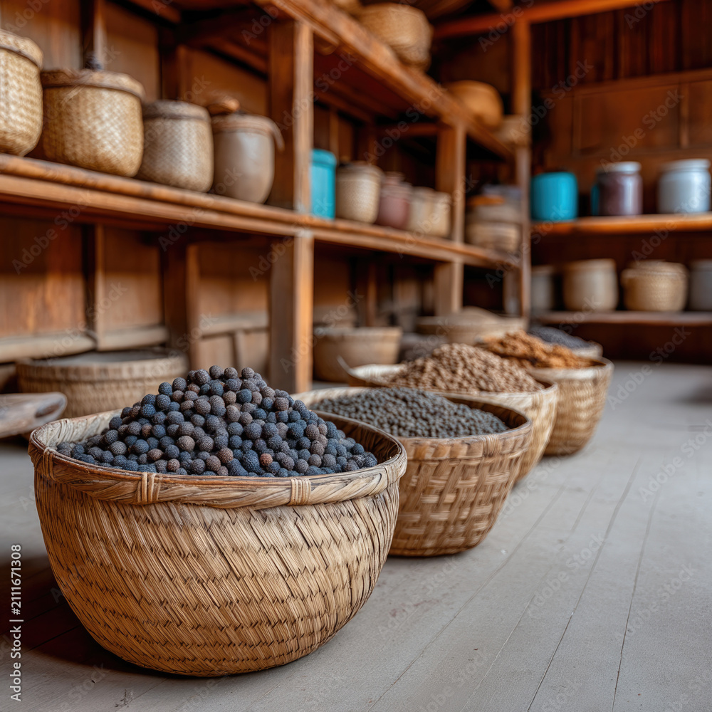 Obraz premium Wicker basket dried pepper ancient storage wooden shelf rustic interior traditional spice brown preserved food historical