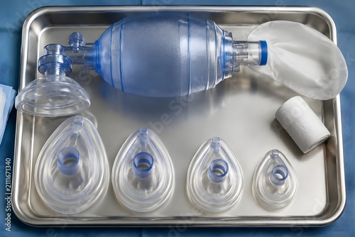 Bag Valve Mask Resuscitator With Multiple Mask Sizes Arranged On Sterile Emergency Tray For Preparedness