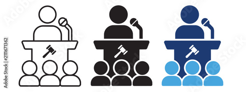 Konstfotografi Law court judge auction gavel and public speaker icons with tribunal, conference