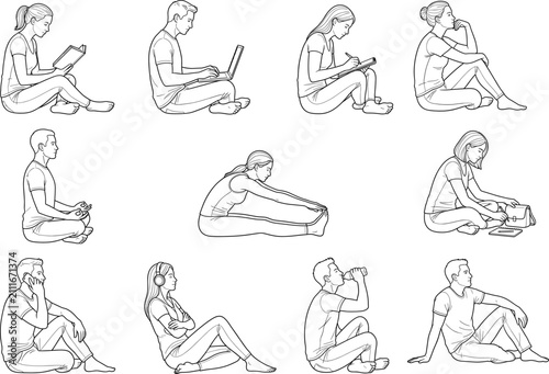 Minimal Student and Young Adult Daily Activities Line Art Vector Collection with Reading, Meditation, Laptop, and Wellness Poses