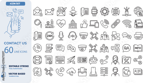 Line art contact us business icon pack with business communication technology