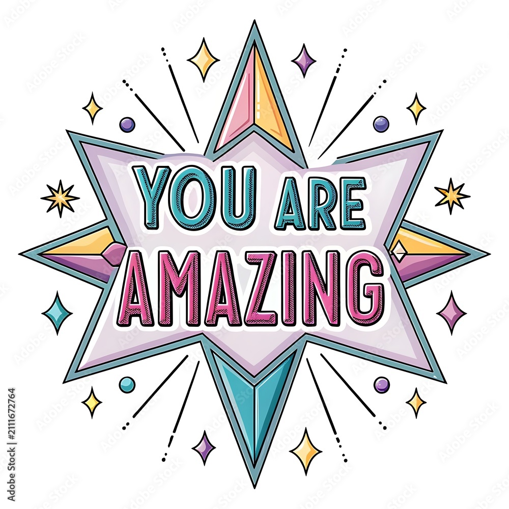 Obraz premium You are amazing typography art with colorful stars and neon light rays