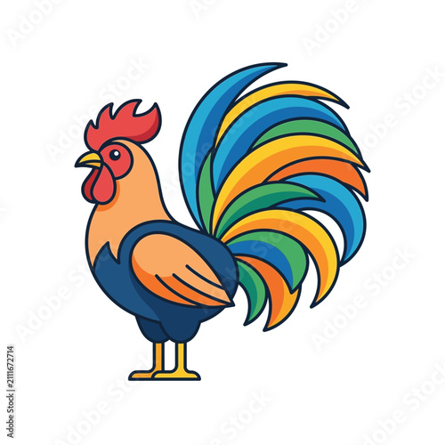 Simple Rooster Icon Featuring Vibrant Oversized Tail Feathers and Clean Minimalist Vector Lines on a Solid White Background