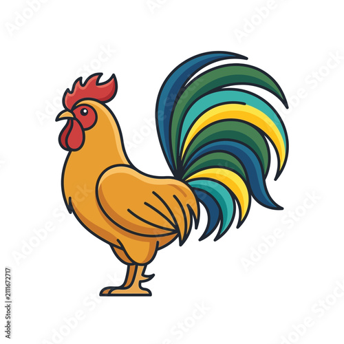 Colorful Vector Illustration of a Proud Standing Rooster with Vibrant Feathers and Minimalist Outline Design for Farm Projects