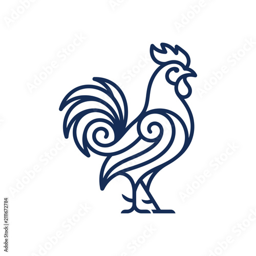 Minimalist Stylized Rooster Logo Featuring Elegant Swirling Feathers and Fluid Monoline Design for Modern Branding