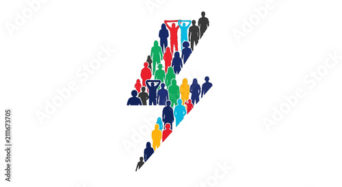 A group of diverse people forms a large lightning bolt shape