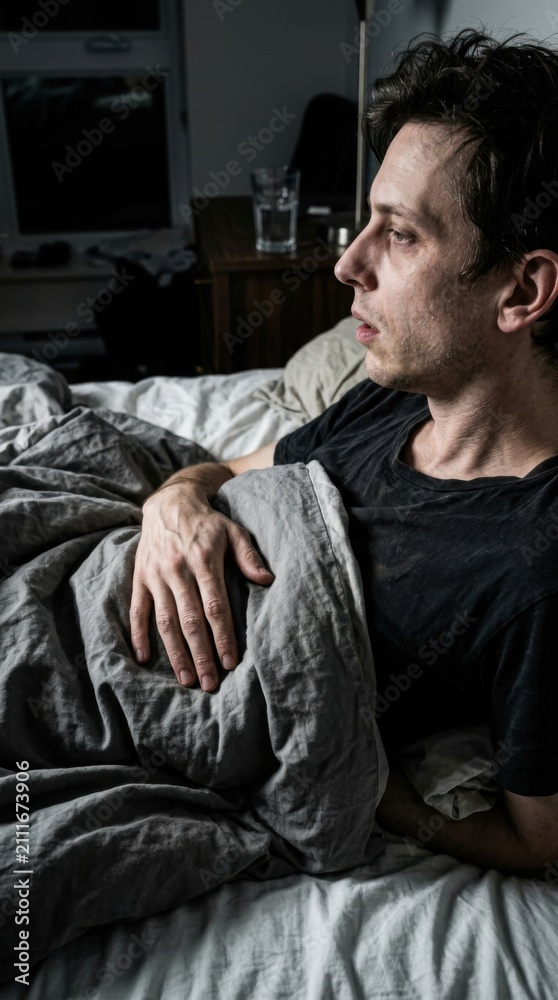 Fototapeta premium Troubled Man Awakes In Bed Reflecting On Sleepless Night Worries