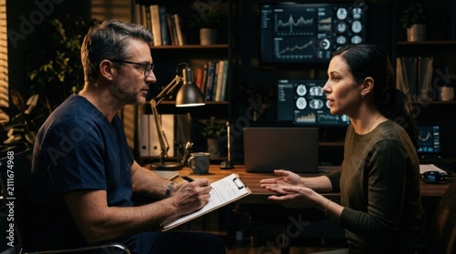 Therapist And Patient Discussing Matters In A Dark Office Setting