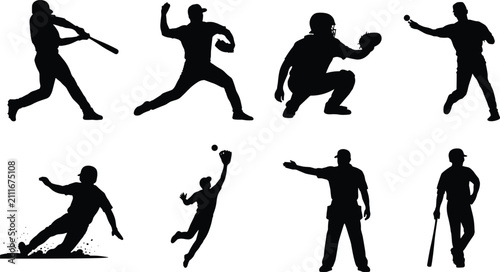 Принти на полотні Baseball Player Silhouette Collection Featuring Batting Pitching Catching Fieldi
