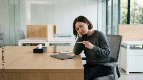 Tired Woman Checks Temperature While Working In Modern Office