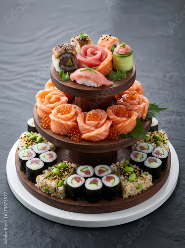 Creative Sushi Cake Presentation with Assorted Japanese Cuisine and Garnishes