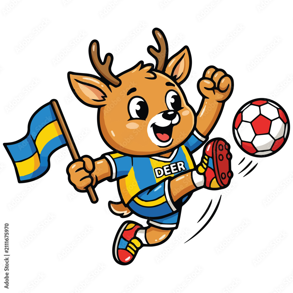 Obraz premium Cute Deer Soccer Mascot Character Kicking Football Ball with Flag Vector Illustration