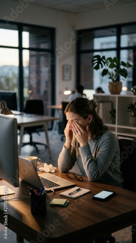 Tired Woman Working Late In A Modern Office At Night
