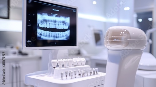 Dental imaging device stands on a workstation with a digital monitor showcasing a panoramic jaw X-ray while specialized tools are arranged neatly in the background of a modern medical facility.